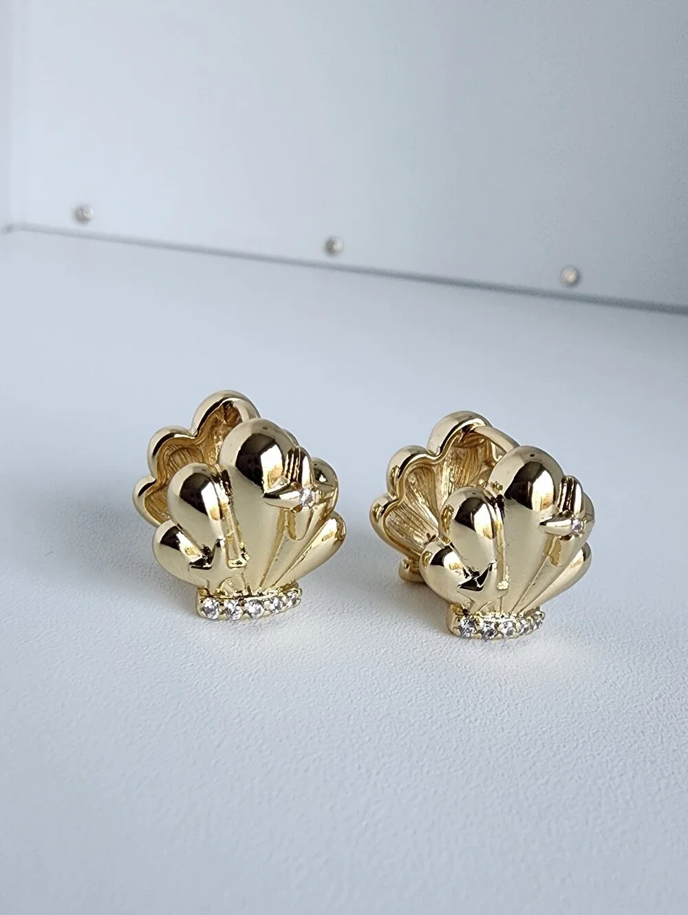 Gold Plated Seashell Stud Earrings CZ Crystal Shell Coastal Jewelry